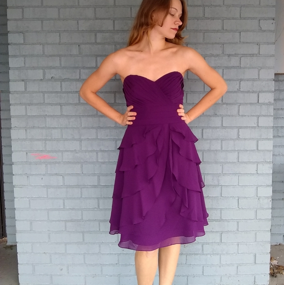 Plum strapless ruffle skirt dress